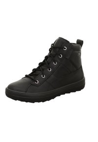 Stivali alla caviglia in pelle nera con punta rotonda, chiusura con lacci, occhielli in metallo e colletto imbottito. Suola in gomma per una migliore aderenza.