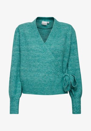 Teal wrap sweater made of soft material, featuring a V-neck, long sleeves, and a tie accent on the side. Textured finish throughout.