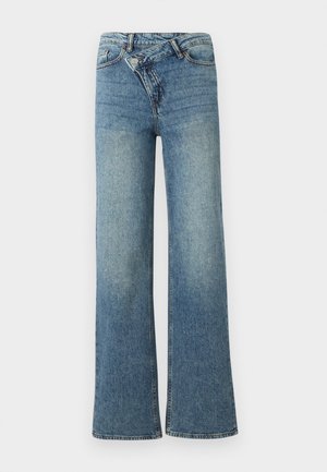 Light blue denim wide-leg jeans with a high waist, light fading, and a button closure at the front. Features five pockets and minimal stitching.