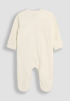 Roheline, kreemivärvi beebivooder pikkade varrukatega, ümmarguse kaelusega ja jalgadega disainiga. Sel on kaelal keeratud silt.