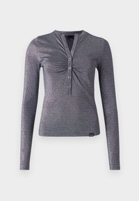 Long-sleeve, fitted top in metallic grey ribbed fabric with a henley-style neckline and three decorative buttons at the front.