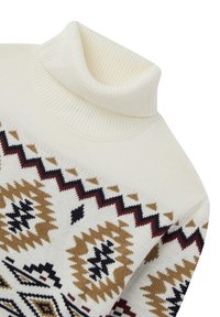 Kremowy sweter z golfem z geometrycznym wzorem w kolorze brązowym, czarnym i burgundowym. Dziana struktura z prążkowanym kołnierzem i mankietami.
