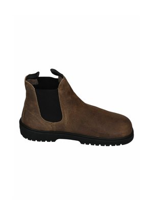 Brown suede ankle boot with black elastic side panels and a black rubber sole on a white background.