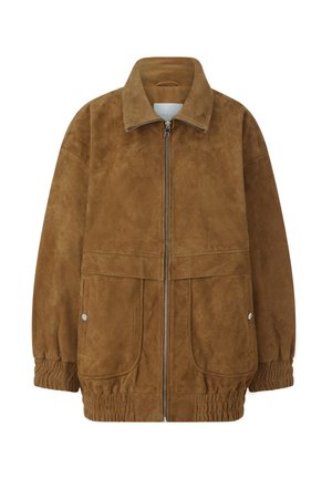 Braune Wildlederjacke mit Reißverschluss, Stehkragen, elastischen Bündchen und seitlichen Taschen mit Druckknöpfen. Glatte Textur und lockere Passform.