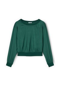 Felpa verde a maniche lunghe, con scollatura rotonda e vita elastica. Texture liscia, polsini a coste e dettaglio dell'orlo. Design classico.