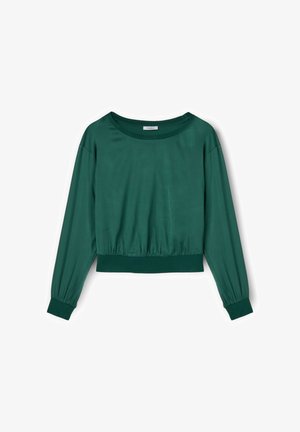 Pulover scurt verde cu mâneci lungi, decolteu rotund și talie elastică. Textură netedă, manșete și tiv cu detalii cu nervuri. Design clasic.