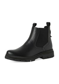 Botine Chelsea din piele neagră, cu panouri elastice pe lateral, cârlige pentru a fi trase, talpă din cauciuc texturat și vârf rotunjit. Se remarcă printr-o finisare netedă și un design robust.
