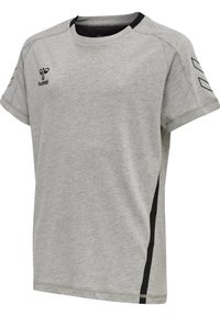 Grå kortärmad tränings t-shirt med svarta detaljer på axlar och sidor. Har rund halsringning och diskret logotypbranding på bröstet.