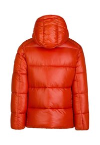 Rode donzen jas met capuchon, voorzien van een glanzende afwerking, doorgestikt ontwerp en elastische manchetten. Achteraanzicht toont afgeronde schoudernaden.