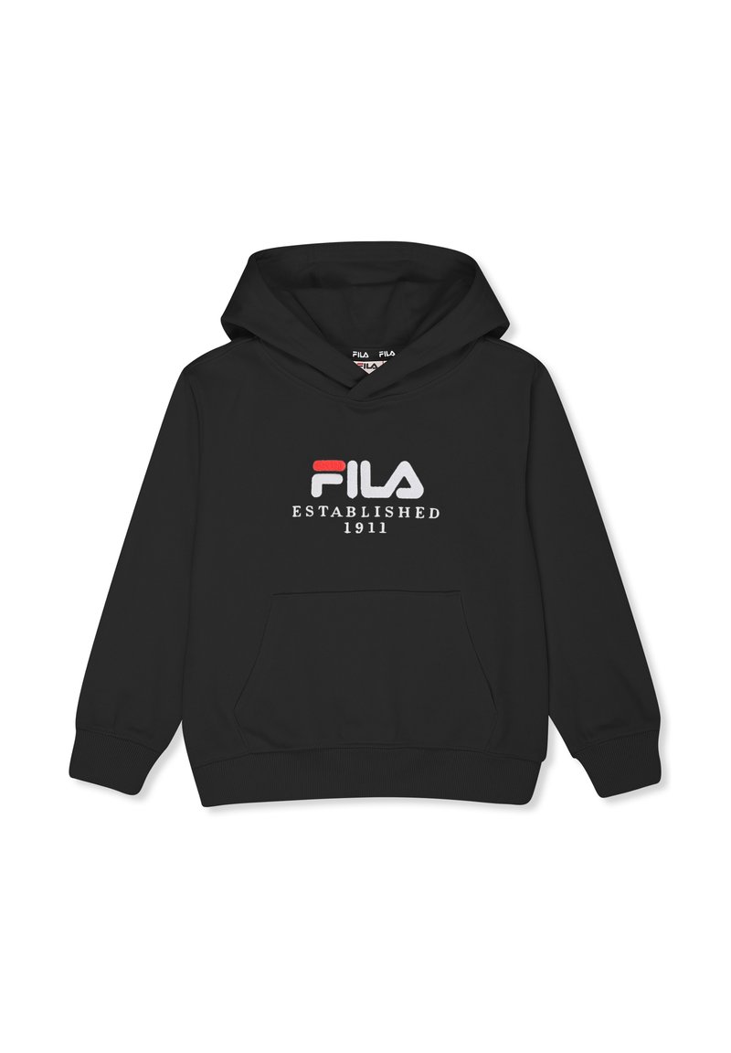 Felpa nera FILA con cappuccio, tasca a marsupio frontale, polsini a costine e testo del logo "FILA Established 1911" sul petto.
