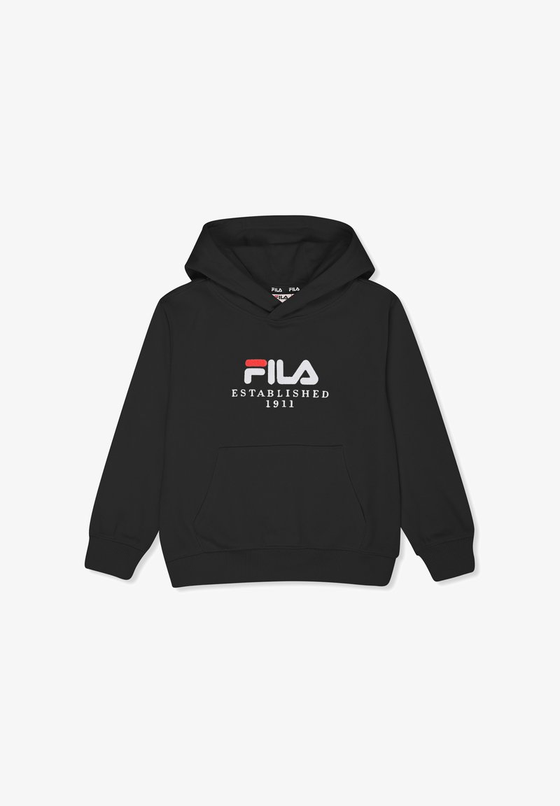 Felpa nera FILA con cappuccio, tasca a marsupio frontale, polsini a costine e testo del logo "FILA Established 1911" sul petto.