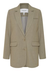 Béžový blazer s texturovaným povrchem, jednobotonový design, dvě přední kapsy a klopové límce. Obsahuje dva kulaté knoflíky a hladkou podšívku.