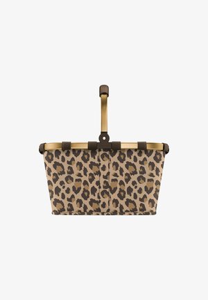 Leopard-patterned fabric basket with a metal gold handle and brown accents; a structured shape with a flat bottom and open top.