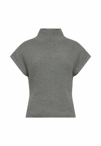 Grijze gebreide pullover met een hoge kraag, korte mouwen en een gestructureerd patroon. De pasvorm is ontspannen, wat comfort en veelzijdigheid vergroot.