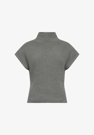 Pullover grigio lavorato a maglia con colletto alto, maniche corte e un motivo strutturato. La vestibilità è rilassata, per migliorare il comfort e la versatilità.