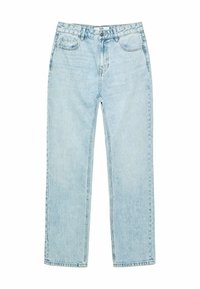 Jeans rectos de color azul claro, hechos de denim, con cinco bolsillos, pasadores para cinturón y un cierre de botón en la cintura. Textura desgastada.