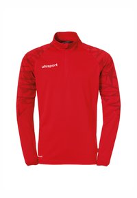 Maglietta sportiva rossa a maniche lunghe con zip a quarto di giro, caratterizzata da un motivo geometrico sulle maniche. Realizzata in tessuto leggero con un design aderente.