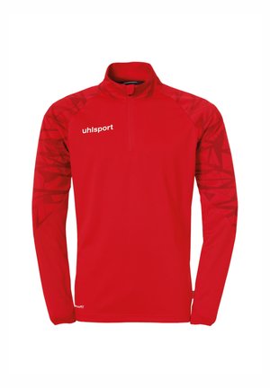 Rode sporttop met lange mouwen en een kwart rits, met een geometrisch patroon op de mouwen. Gemaakt van lichtgewicht stof met een strakke pasvorm.
