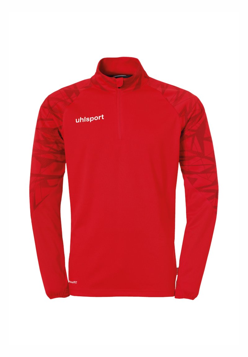 Maglietta sportiva rossa a maniche lunghe con zip a quarto di giro, caratterizzata da un motivo geometrico sulle maniche. Realizzata in tessuto leggero con un design aderente.