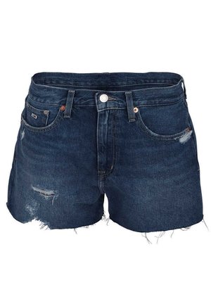 Mørkeblå denimshorts med frynset kant og små slidte pletter, med forlommer og lukning med knap.