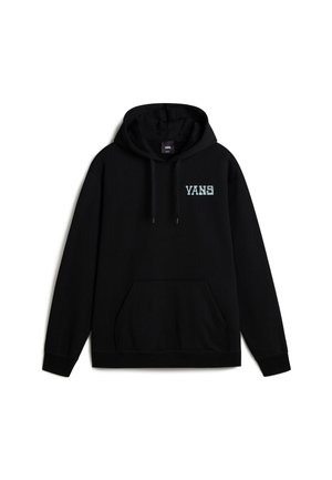 Czarna bluza z kapturem, przednią kieszenią i logo "VANS" w jasnoniebieskim kolorze na lewej piersi.