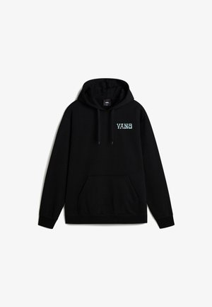 Schwarzer Kapuzenpullover mit Fronttasche und hellblauem "VANS"-Logo auf der linken Brust.