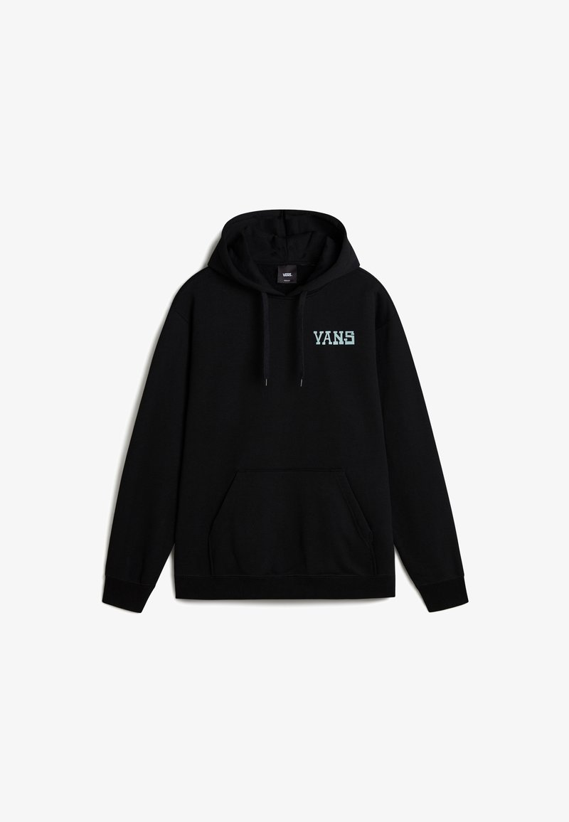 Sweat à capuche noir avec poche kangourou à l’avant et logo "VANS" bleu clair sur le côté gauche de la poitrine.