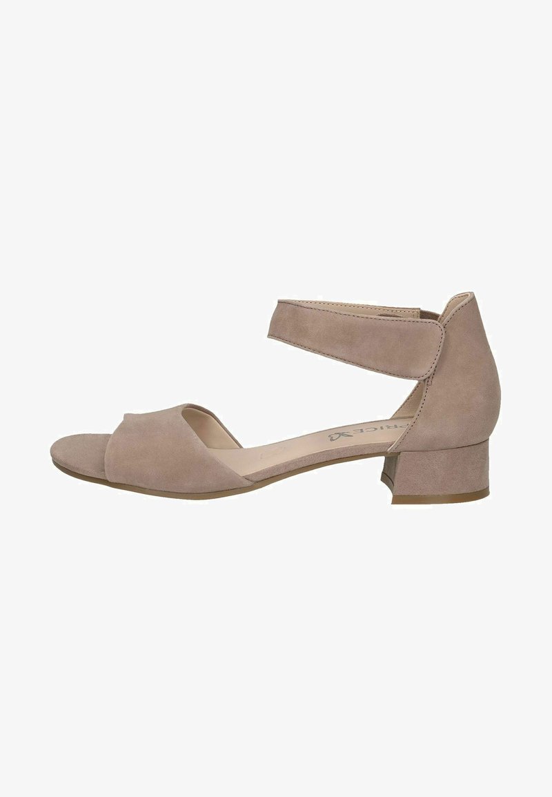Beige mokkanahkasandaalit, joissa on avoin varvas, nilkkahihna ja matala lohkokorko. Ominaisuuksina sileä pinta ja minimalistinen muotoilu.