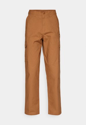 Brown cargo pants in a textured cotton blend, featuring a straight leg design, two side pockets, and a button closure at the waist.