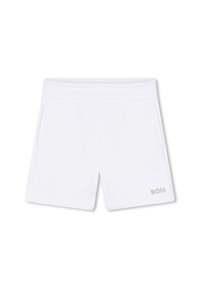 Pantaloni sportivi bianchi con una comoda vita, due tasche laterali e un piccolo logo "BOSS" beige nella parte inferiore destra.
