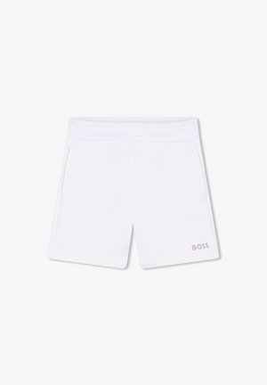 Shorts de sport blancs avec une taille confortable, deux poches latérales et un petit logo "BOSS" discret en beige en bas à droite.