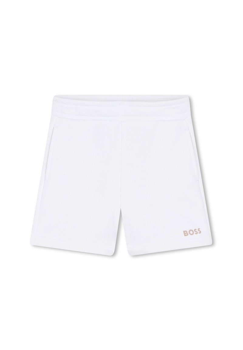 Pantaloni sportivi bianchi con una comoda vita, due tasche laterali e un piccolo logo "BOSS" beige nella parte inferiore destra.