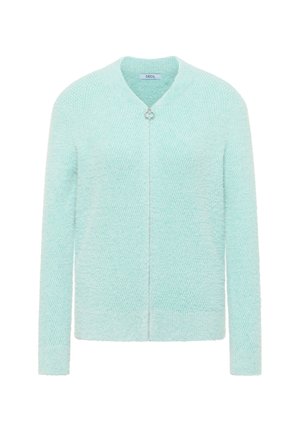 Cardigan azzurro chiaro realizzato in un tessuto morbido e strutturato. Presenta una chiusura con zip e scollo arrotondato con maniche lunghe.