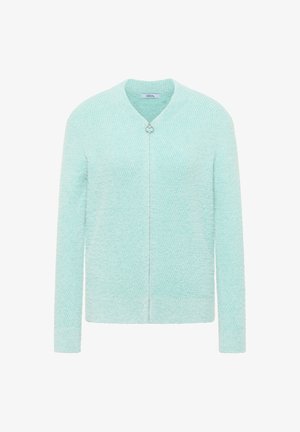Hellblauer Cardigan aus einem weichen, strukturierten Stoff. Verfügt über einen Reißverschluss und einen abgerundeten Ausschnitt mit langen Ärmeln.