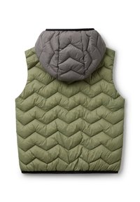 Puffy vest with a chevron quilted pattern in olive green and a gray, detachable hood. Features a black hem. Lightweight fabric.