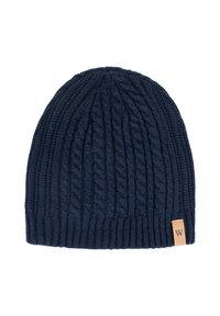 Cappello a maglia blu navy con motivo a trecce, bordo a coste e patch logo in pelle. Texture morbida con una vestibilità aderente per il calore.