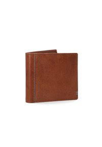 Braune Leder-Bi-Fold-Geldbörse mit glatter Textur und dezenten Nähten, ausgestattet mit einem kleinen metallischen Akzent und geprägtem Branding.