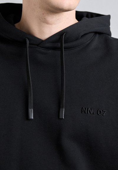 Black hooded sweatshirt with a smooth texture, featuring drawstrings and a subtle embroidered "NN. 07" logo. Simple and modern design.
