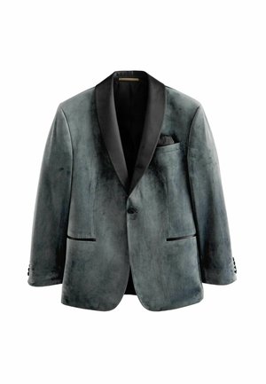 Sametti blazer tummanharmaana, jossa on mustat satiinikaulukset, yksinappinen kiinnitys, kaksi etutaskua ja neljän napin hihansuut.