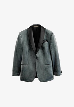 Samtblazer in Dunkelgrau mit satin schwarzen Schalkragen, einreihiger Knopfverschluss, zwei Vorderseiten Taschen und vier-Knopf Manschettendetails.