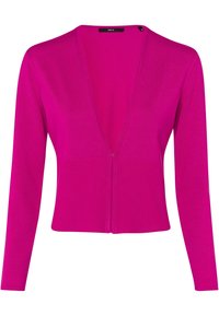 Fuchsia Zip-up-Cardigan mit langen Ärmeln, V-Ausschnitt, gerippter Textur und verkürztem Schnitt. Schlichtes, elegantes Design ohne Verschlüsse.