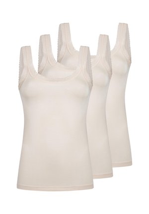 Trzy beżowe bezrękawniki z dekoltem w serek wykończonym koronką, ułożone w przesuniętym rzędzie na białym tle.