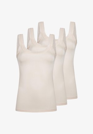 Trois débardeurs beige sans manches avec encolure dégagée bordée de dentelle, disposés en rangée décalée sur fond blanc.