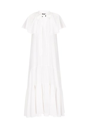 Valge, kihiline maksimekko, millel on volangiga kate, nööriga kaelus ja pehme puuvillane kangas. Omab voolavat siluetti ja tekstureeritud viimistlust.