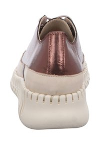 Rose metallic leather sneaker with a textured white sole, featuring a rounded back and stitched accents along the upper.