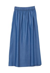 Jupe en denim avec une taille élastique, longueur genou, forme évasée, couleur bleu moyen uni, texture lisse, sans motifs ni accents visibles.