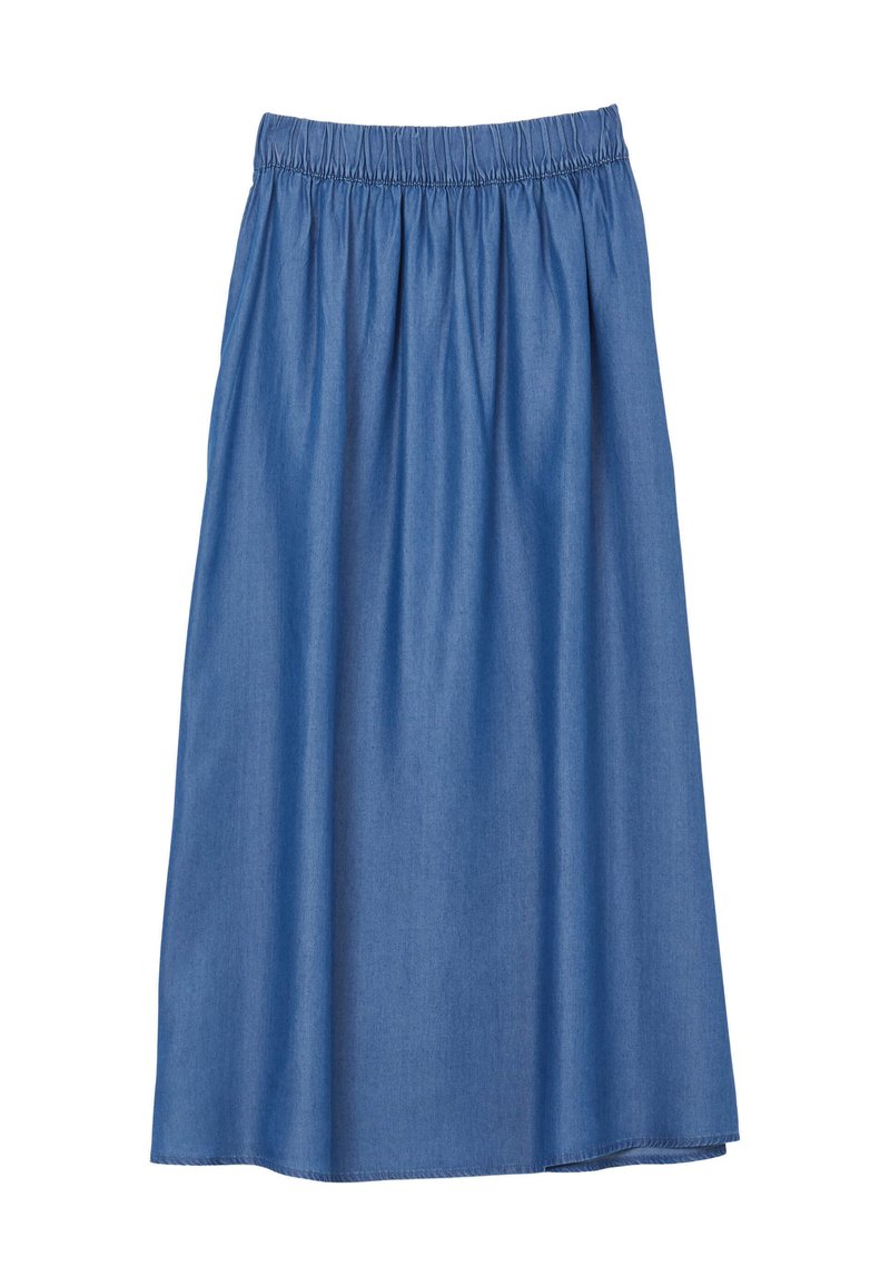 Jupe en denim avec une taille élastique, longueur genou, forme évasée, couleur bleu moyen uni, texture lisse, sans motifs ni accents visibles.