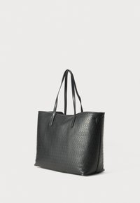 Black textured leather tote bag with double shoulder straps, rectangular shape, and subtle geometric pattern.