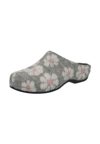 Grey felt clogs featuring white and pink floral patterns. Rounded toe and open back design with a textured sole for traction.