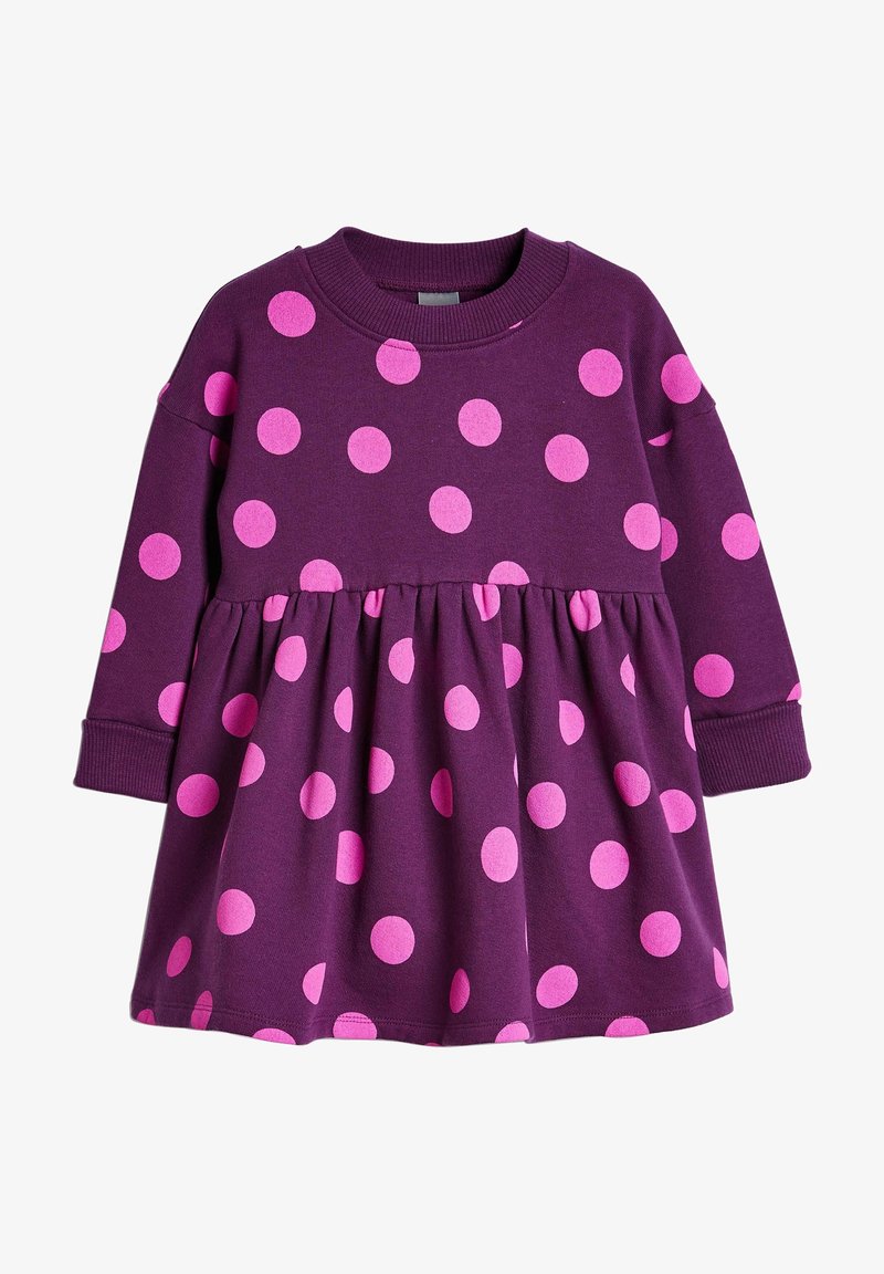 Robe pour tout-petits à manches longues de couleur violette avec une taille froncée et de grands pois roses éclatants répartis uniformément sur le tissu.
